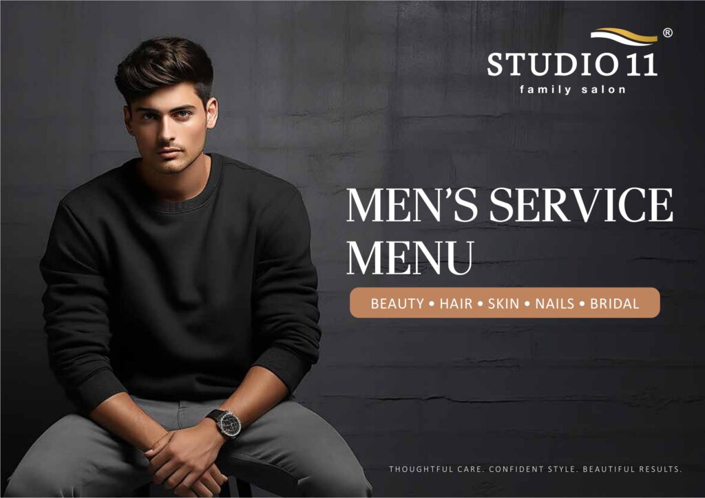 Studio 11 Family Salon men's service menu cover - beauty, hair, skin, nails and bridal