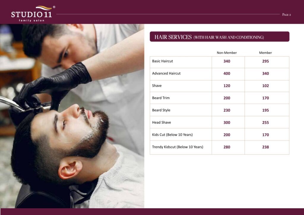 Men's hair services price list - haircut, shave, beard trim, beard style and kids cut