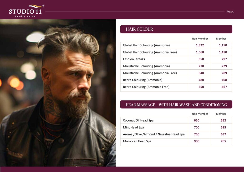 Men's hair colour and head massage head spa price list