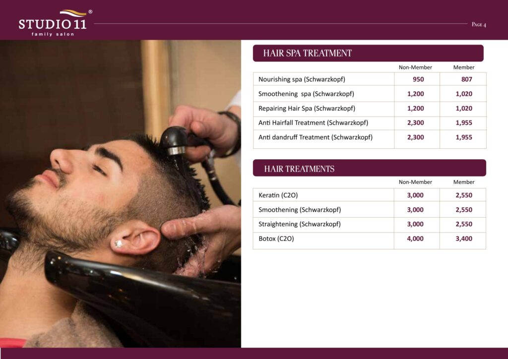 Men's hair spa treatment and hair treatments price list