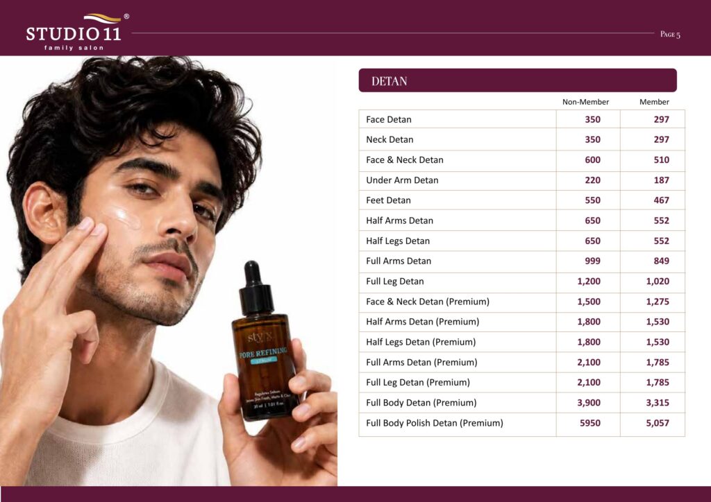 Men's detan service price list - face, neck, arms, legs and full body detan