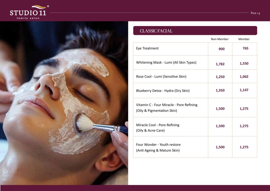 Classic facial price list for all skin types