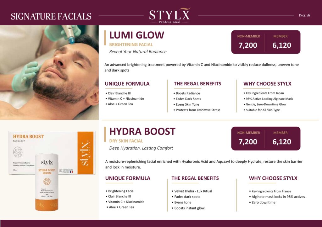 Signature facials - Lumi Glow brightening and Hydra Boost dry skin facial