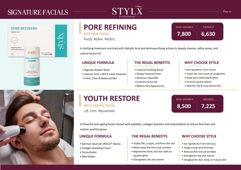 Signature facials - Pore Refining oily skin and Youth Restore anti-ageing facial
