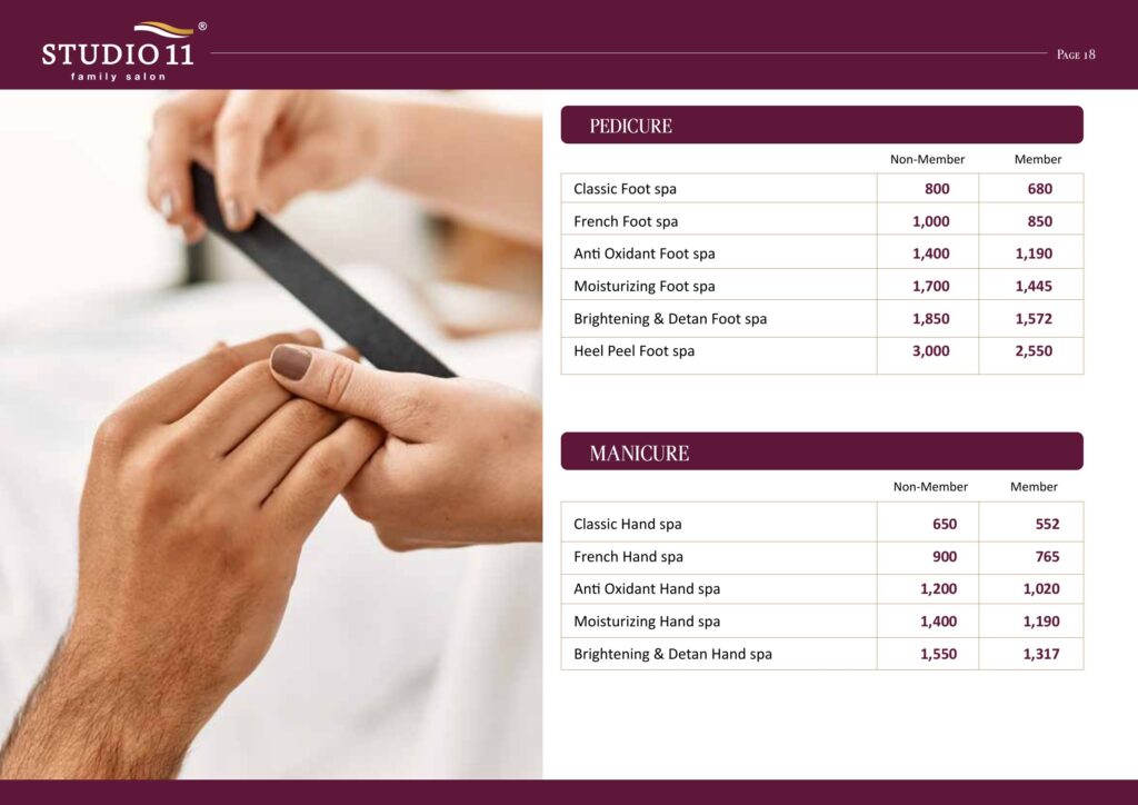 Pedicure and manicure foot spa and hand spa price list