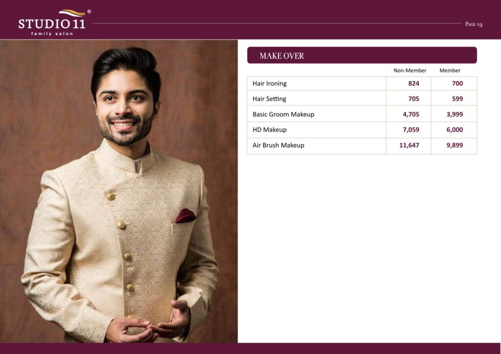 Men's make over price list - hair ironing, hair setting and groom makeup