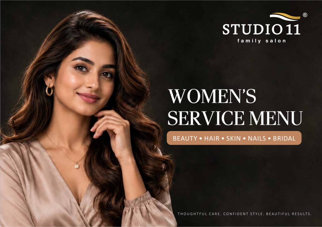 Studio 11 Family Salon women's service menu cover - beauty, hair, skin, nails and bridal