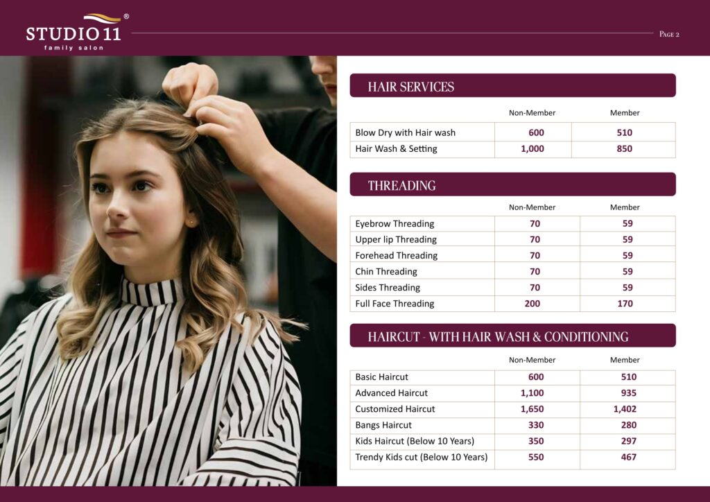 Women's hair services, threading and haircut price list
