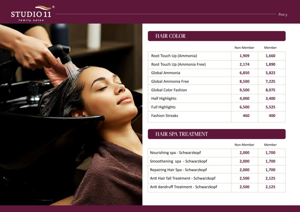 Women's hair colour and hair spa treatment price list