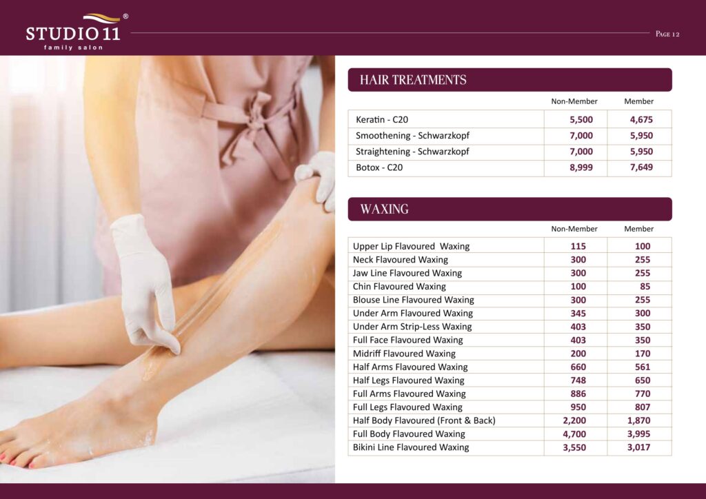 Women's hair treatments and flavoured waxing price list