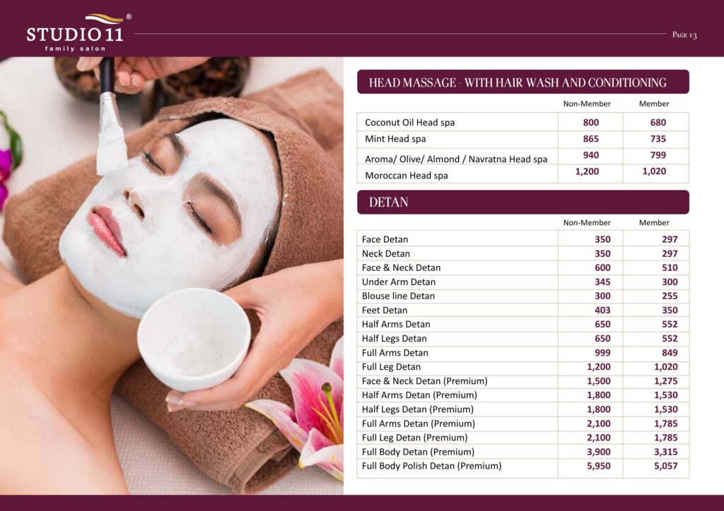 Head massage and detan service price list