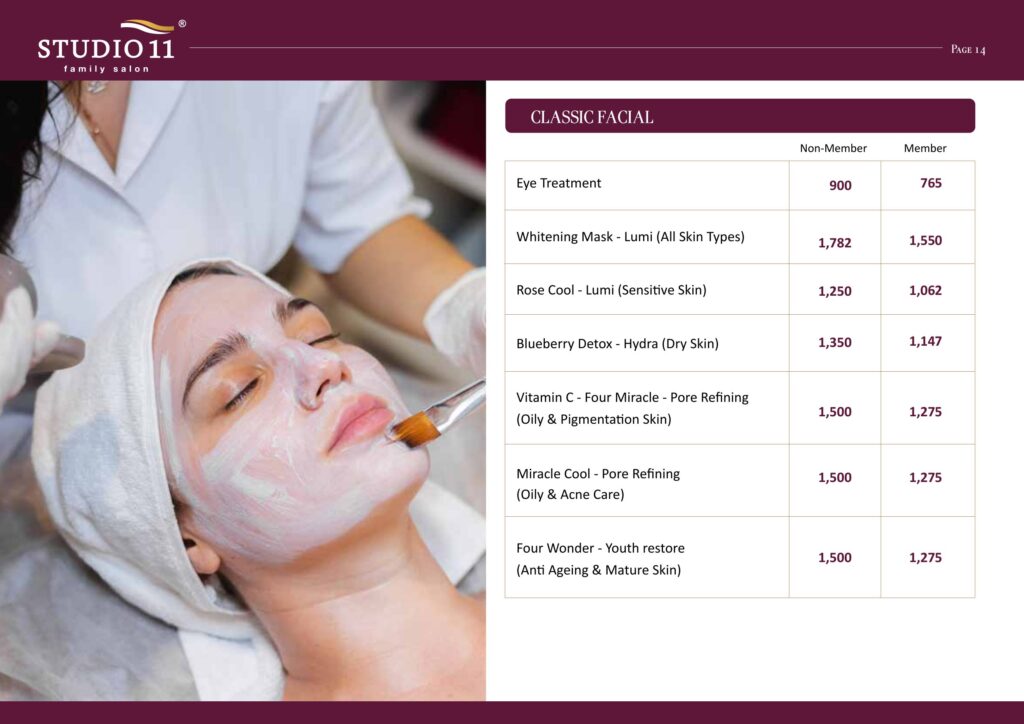 Classic facial price list for all skin types