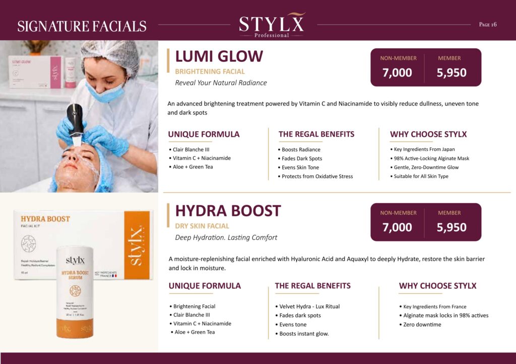 Signature facials - Lumi Glow brightening and Hydra Boost dry skin facial