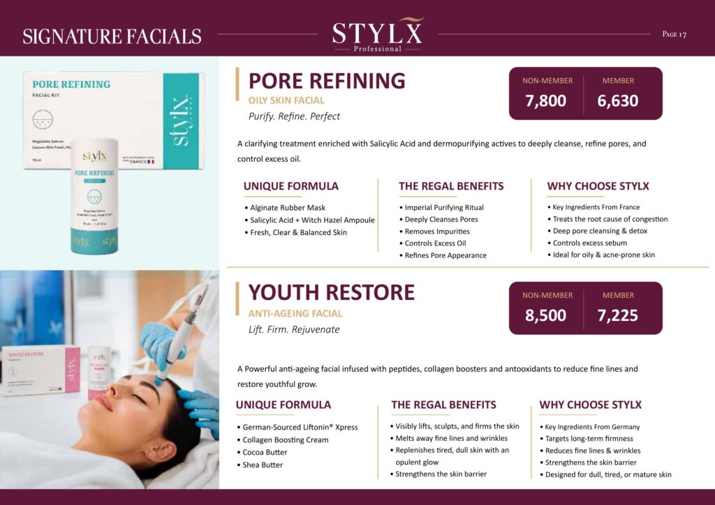 Signature facials - Pore Refining oily skin and Youth Restore anti-ageing facial