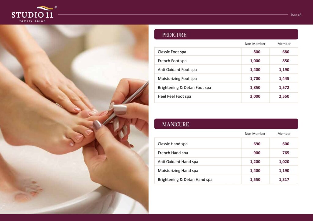 Pedicure and manicure foot spa and hand spa price list