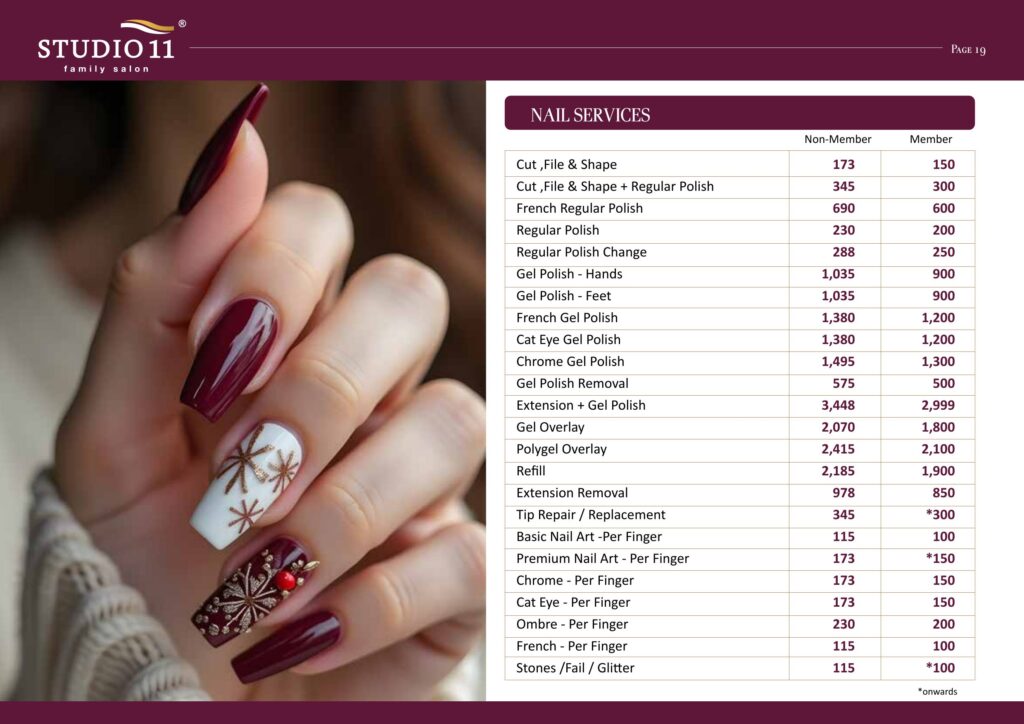 Nail services price list - gel polish, extensions, overlays and nail art