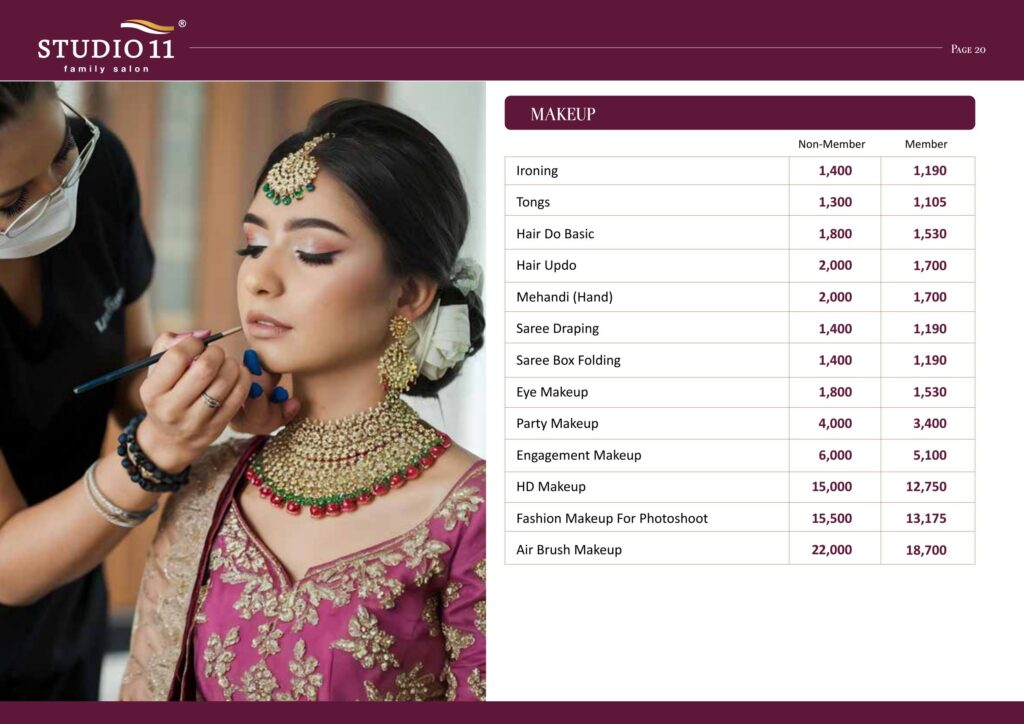 Makeup price list - party, engagement, HD and air brush makeup